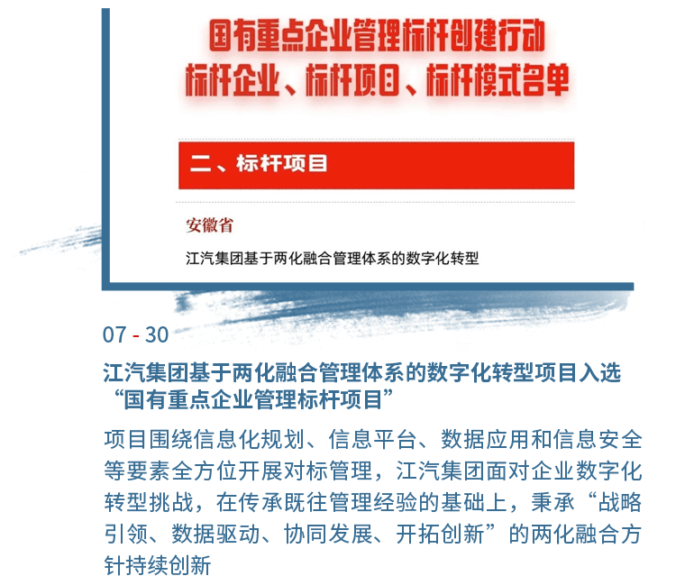 7月30日龙8头号玩家
基于两化融合管理体系的数字化转型项目入选“国有重点企业管理标杆项目”